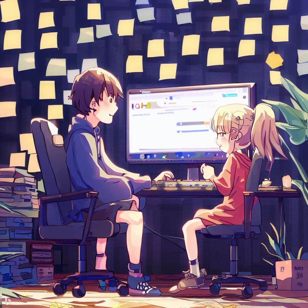 Two children at a desk building a product