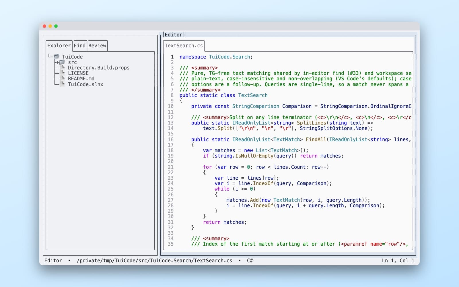 TuiCode: editing C# in a terminal